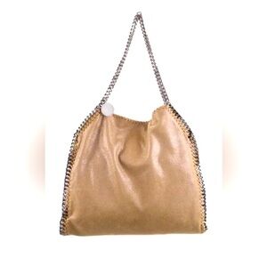 Stella McCartney Falabella Large Vegan Fold Over Tote Shaggy Deer metallic tan